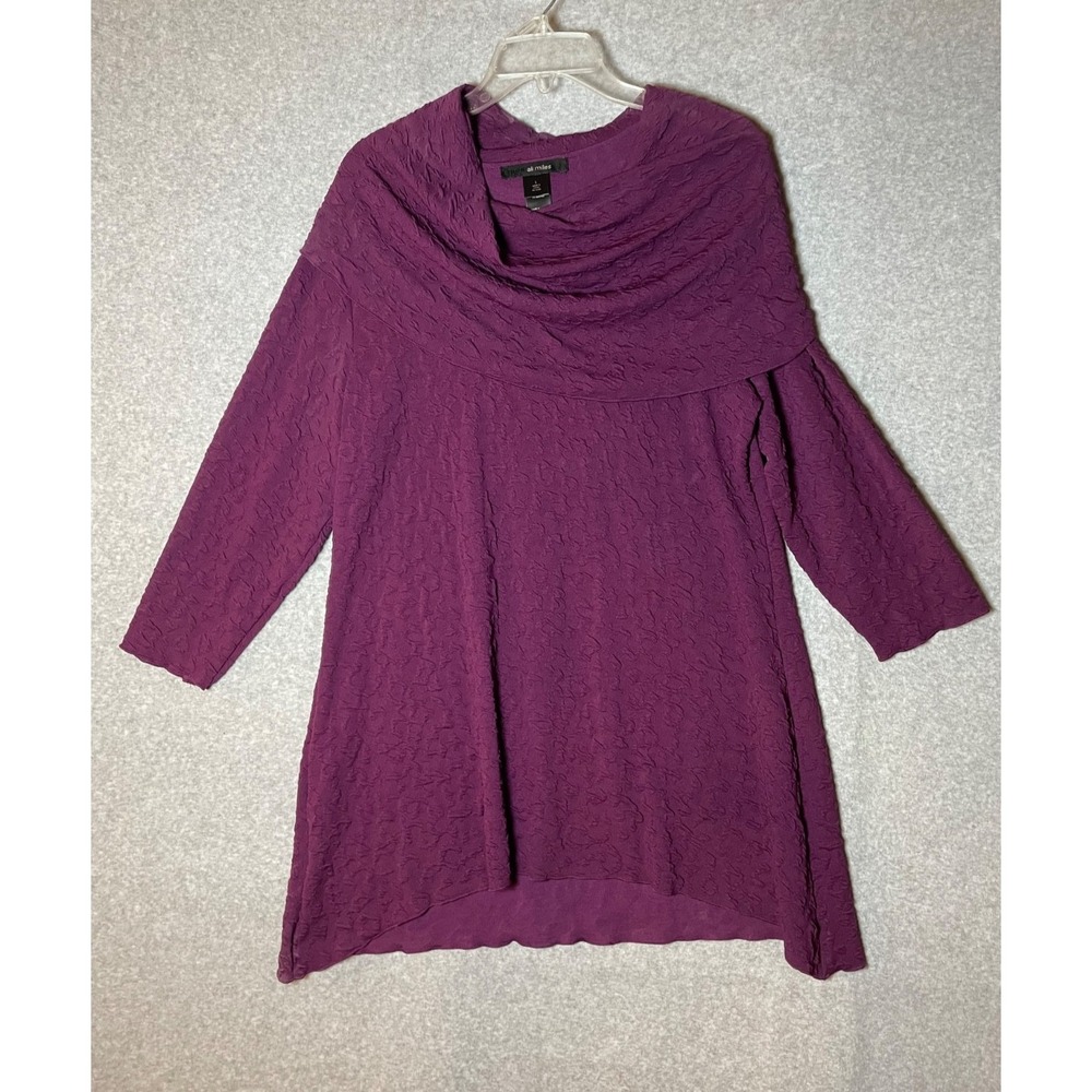 Ali Miles Tunic Top Womens Large Purple Textured Cowl Neck 3/4 Sleeve Stretch